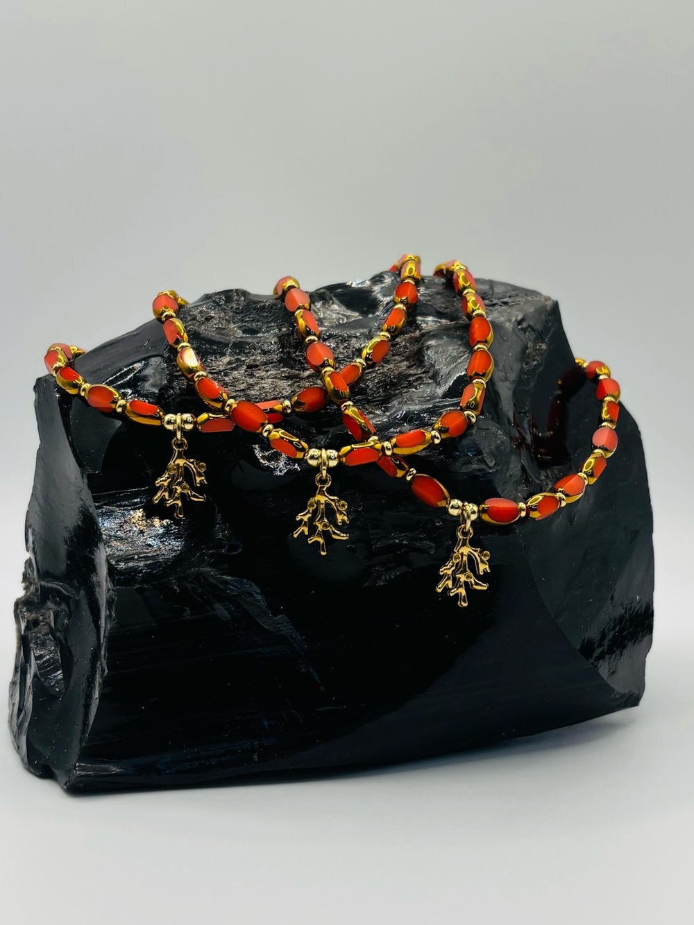 *Anklet* S.Steel Coral Charm & Orange Crystal Stretchy Ankle Bracelet